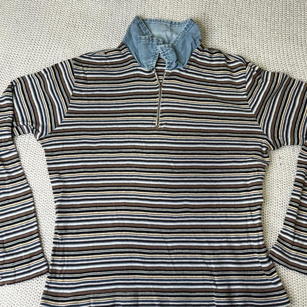 Next Era Womens Striped Quarter Zip Pullover Brown Beige Blue Denim Collar L